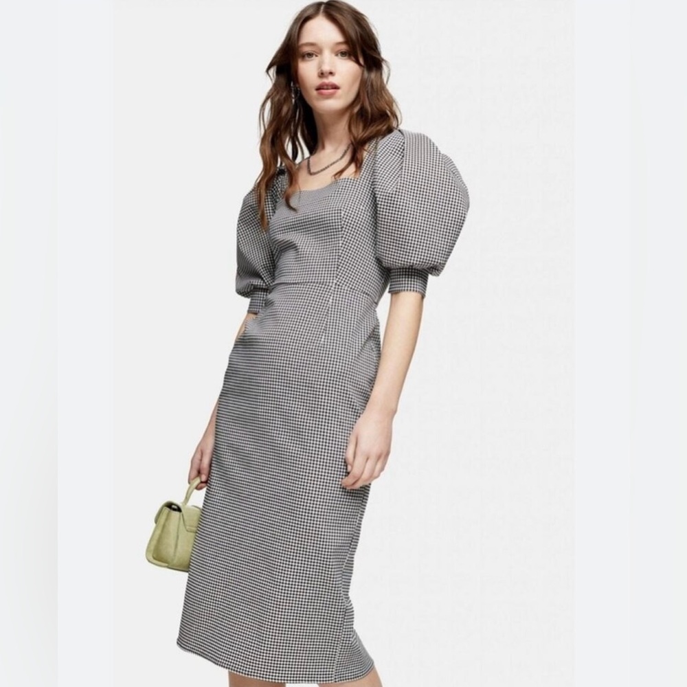 Topshop Black White Gingham Square Neck Puff Sleeve Bodycon Midi Dress Size 6